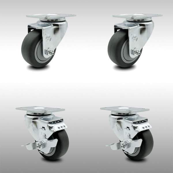 3.5 Inch SS Thermoplastic Rubber Wheel Swivel Top Plate Caster Set with 2 Brakes
